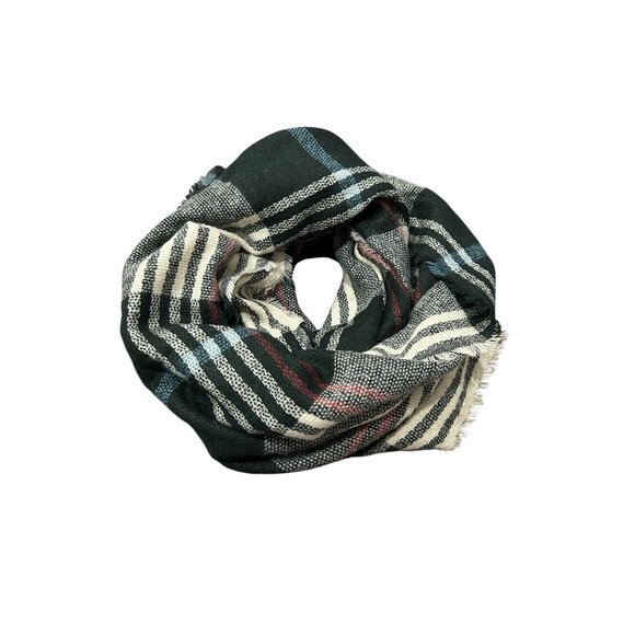 LOOK Plaid Checkered Infinity Scarf Black Cream One Size Wool Blend Fall Preppy - Picture 1 of 9